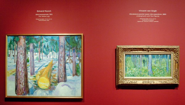 Edvard Munch - Gele Boomstronk - Olieverf op doek, 1912 & Vincent van Gogh - Wandelend paartje tussen rijen populieren - Olieverf op doek, 1890