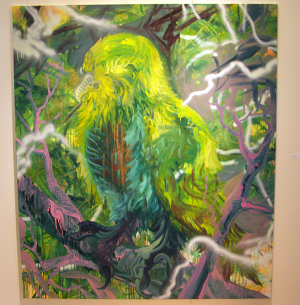 Hidde van Schie - Grote Groene Vogel - 230x200cm Oliever, acrylverf en spuitbus op doek Hidde van Schie - Grote Groene Vogel - 230x200cm Oliever, acrylverf en spuitbus op doek