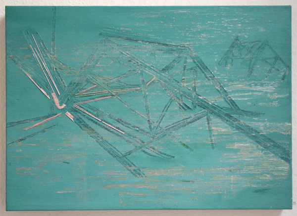 Huub van der Loo - After Pinking NY (All is falling II) - 50x70cm Olieverf en naaigaren op linnen Huub van der Loo - After Pinking NY (All is falling II) - 50x70cm Olieverf en naaigaren op linnen