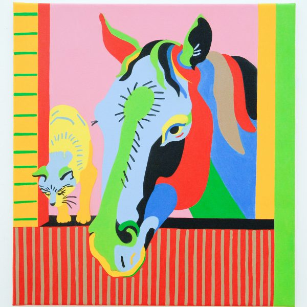 Leen Voet - Peinture inacheve de madame T, *ORIGINAL PASTELL* Katze Pferd Stall Zeichnung Pastel Cat Horse Kitten Painting - 59x55cm Olieverf op canvas