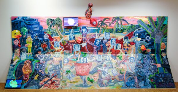 Thiago Martin de Melo - O ova da serpente e o crepusculo da demofobia (The Serpent's Egg and the Twilight of Demophobia) - Olieverf op canvas, glasvezel sculpturen en tv monitoren met stop motion animaties