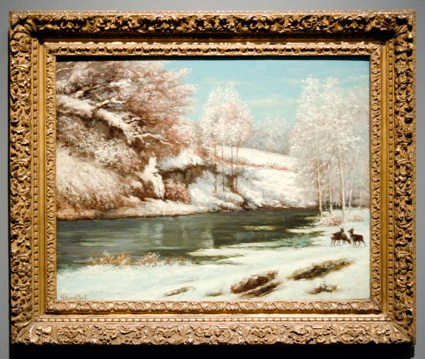 Gustave Coubet - Deer and Roebuck by the Riverside or Winter Landscape - 73x92cm Olieverf op canvas, 1866