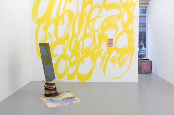 Peggy Franck - All these points on breathing and toughing - Gouache op muur & The Soft Spot - C-print & Push-Pull - 150x160x140cm Acrylplaat, glass, tapijt en gevonden voorwerp