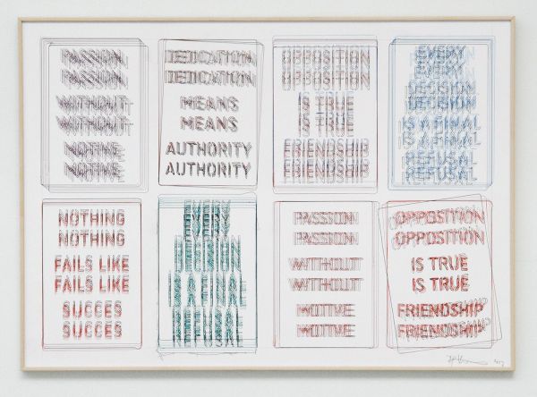 Job Koelewijn - Untitled (Passion Without Motive, Nothing Fails Like Succes, Every Decision Is A Final Decision, Opposition is True Friendship) - 50x70cm Pen op papier