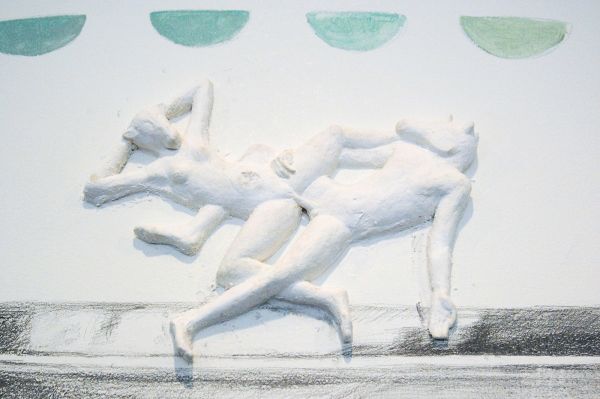 Femmy Otten - One Year in Ten #2 - Muurschildering, grafietpotlood, hout, acrylverf, gips, epoxy en papier (detail)