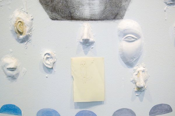 Femmy Otten - One Year in Ten #2 - Muurschildering, grafietpotlood, hout, acrylverf, gips, epoxy en papier (detail)