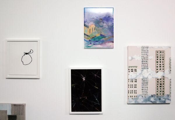 Mieke Fokkings - Dropveter - 23x20cm Zeefdruk op papier & Wouter Venema - City - 33x21cm Papier gemaakt van kleding van familielid & Christof Mascher - 4 to 5 AM (Blue Hour) - 29x20cm Acrylverf, pigment en UV vernis op karton