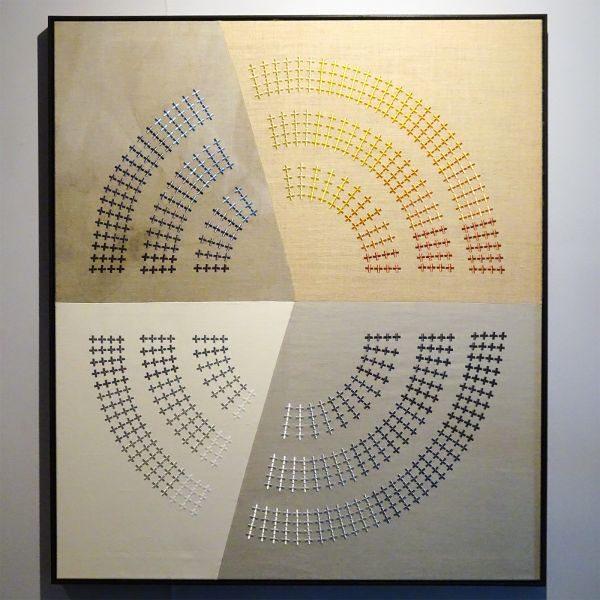 Frank Ammerlaan - Model for Consensus #3 - 150x140cm, Stof, vuil en borduursel op jute, canvas en linnen