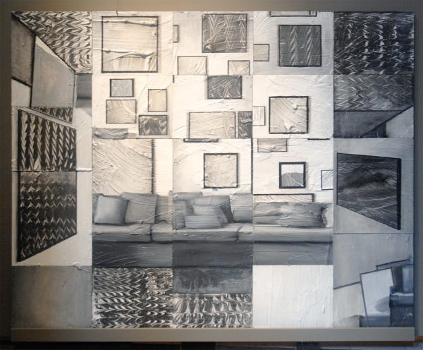 Inez de Brauw - Migration of Order - Ochre Interior - 250x200cm Waterverf, inkt, acrylverf op gips, op panelen op hout