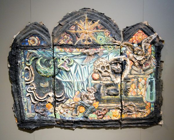 Raquel van Haver - The definition of a system - 168x138cm Olieverf, hars, gel, houtskool, haar, as, papier en teer op jute