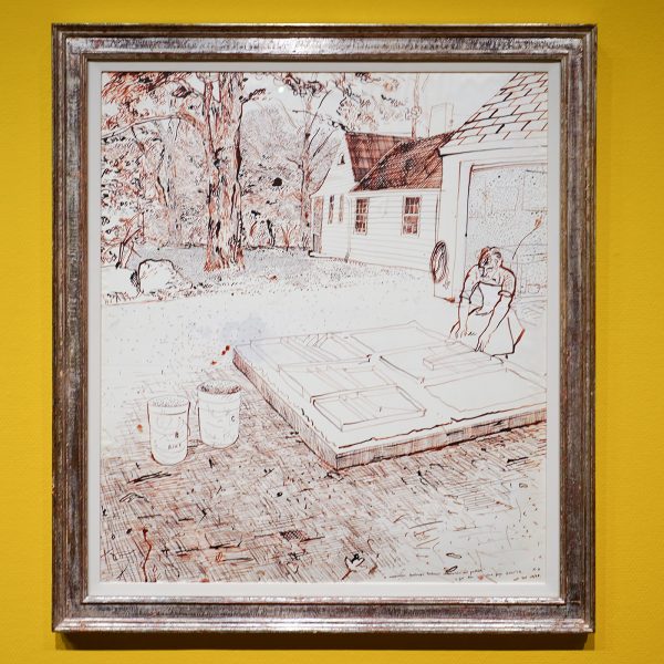 David Hockney - Ken Tyler werkt aan Middernachtelijk Zwembad (Papieren Zwembad 10) - Inkt op twee vellen papier op karton, 1978