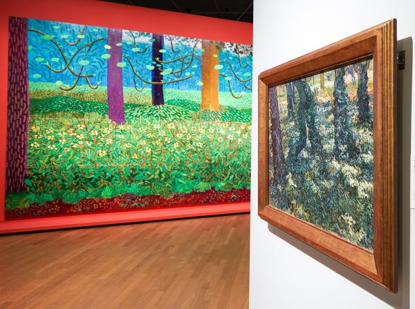 David Hockney - Onder de bomen, groter - Olieverf op 20 doeken, 2010-2011 & Vincent van Gogh - Kreupelhout - Olieverf op doek, 1889