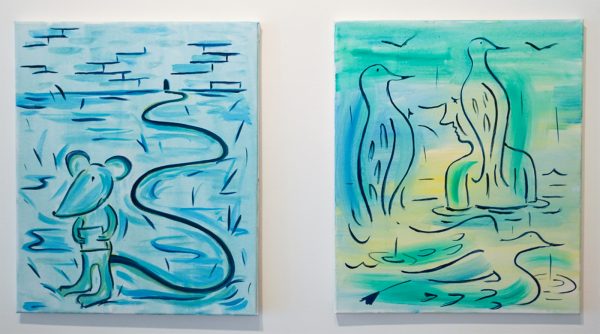 Pim Blokker - The Long Way & Birds - 60x50cm Gouache en olieverf op canvas