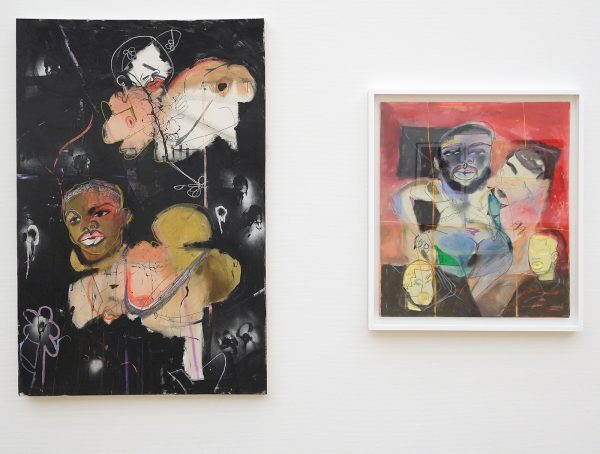 Jonathan Lyndon Chase - Black Shots - 152x102cm Acrylverf, marker, spuitbus en glitter op doek, 2018 & I Head Three Mask - 85x75xm Acrylverf, marker, grafiet, oliestick en glitter op doek, 2018