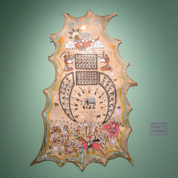 Umar Rashid (Frohwak Two Feathers) - The Zulu Arrangement; Notes before Mfecane - 128x76cm Acrylverf op hertenhuid, 2016