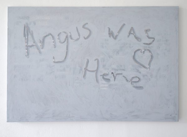 Henry Byrne - Angus was here (Appropriated painting of Angus Liao) - 91x137cm Vinylletters, acrylverf en olieverf op linnen