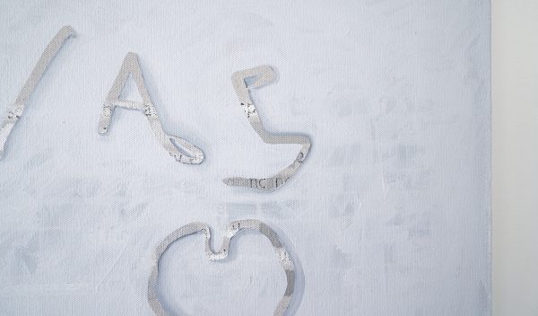 Henry Byrne - Angus was here (Appropriated painting of Angus Liao) - 91x137cm Vinylletters, acrylverf en olieverf op linnen (detail)