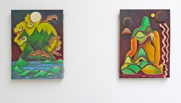 Alejandra Venegas - Volcan & Volcana - 50x37cm Gesneden guanacastehout en gouache en encaustiek