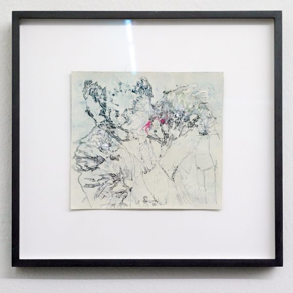 Saminte Ekeland - the Kiss - 17x17cm Borduursel op transparante plastic, polyester, industriele verf, linnen en draad