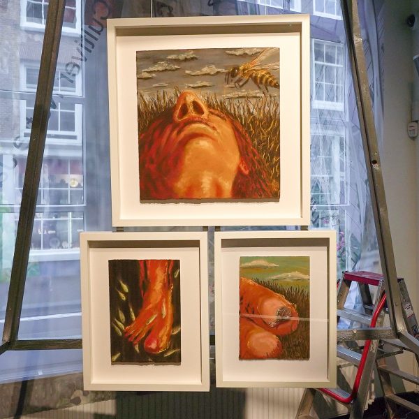 Sophie Ruigrok - Foot Soak with Fish - 19x20cm & In the Garden - 38x40cm & Fat Fingers and a Snail - 19x28cm Pastelkrijt en inkt op papier