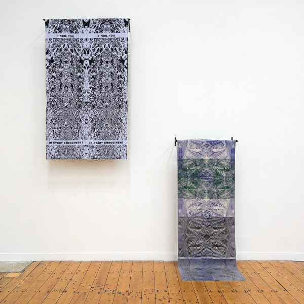 Manon Clement - I feel you in every embodiment - 215x126cm, Jacquard weefsel & A search for what one was - 245x90cm Zeefdruk op pvc of Textiel