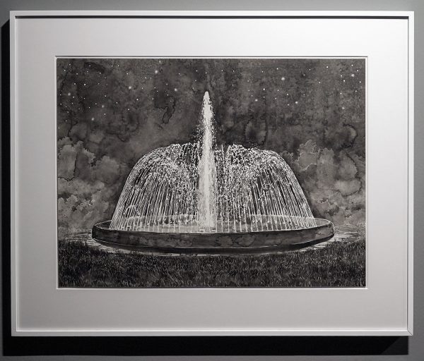 Hans Op de Beeck - Two Fountain by Night (study) - 81x100cm, Zwart en witte waterverf op Arches papier