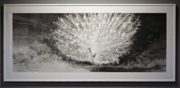 Hans Op de Beeck - Two White Peacock - 130x290cm, Zwart en witte waterverf op Arches papier