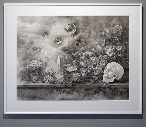 Hans Op de Beeck - Vanitas (Flowers and Soap Bubbles) - 118x147cm, Zwart en witte waterverf op Arches papier