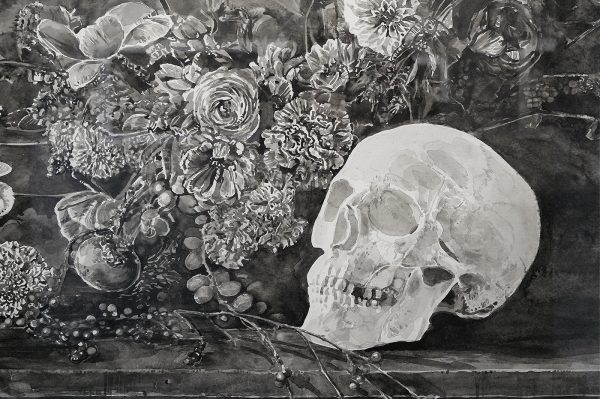 Hans Op de Beeck - Vanitas (Flowers and Soap Bubbles) - 118x147cm, Zwart en witte waterverf op Arches papier (detail)