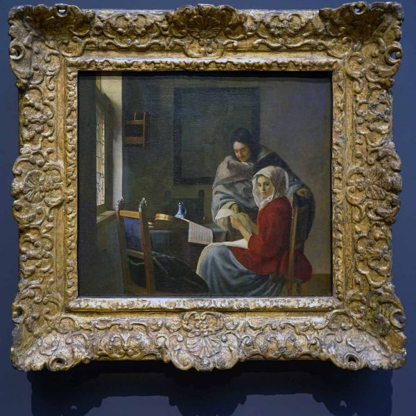 Johannes Vermeer - Onderbreking van de muziek - 39x45cm, Olieverf op doek, circa 1659-1661