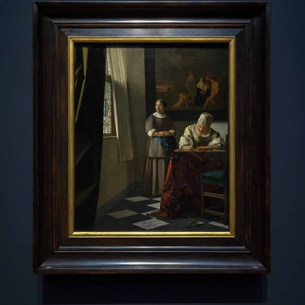 Johannes Vermeer - Schrijvende vrouw met dienstbode - 71x61cm, Olieverf op doek, circa 1670-1672