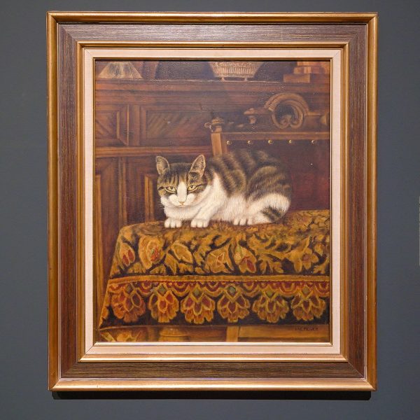 Sal Meijer - kat op tafel - Olieverf op doek, zonder datum