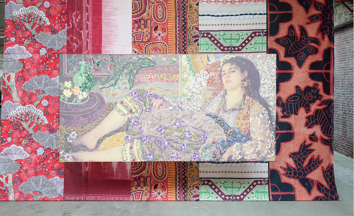 Barbara Broekman - On Victorian and Oriental Woman nr 4 Renoir - 130x260cm, Collage, geprinte denim en uitgeknipt borduurwerk