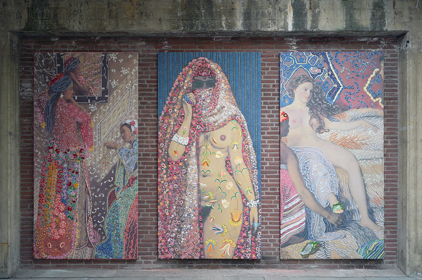 Barbara Broekman - On Victorian and Oriental Woman nr 6 Lewis & nr 7 Bazille & nr8 Van Dongen - 262x130cm, Collage, geprinte denim en uitgeknipt borduurwerk