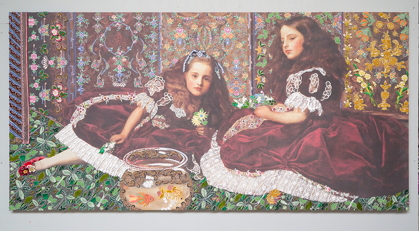 Barbara Broekman - On Victorian and Oriental Woman nr 9 Millais - 130x260cm, Collage, geprinte denim en uitgeknipt borduurwerk