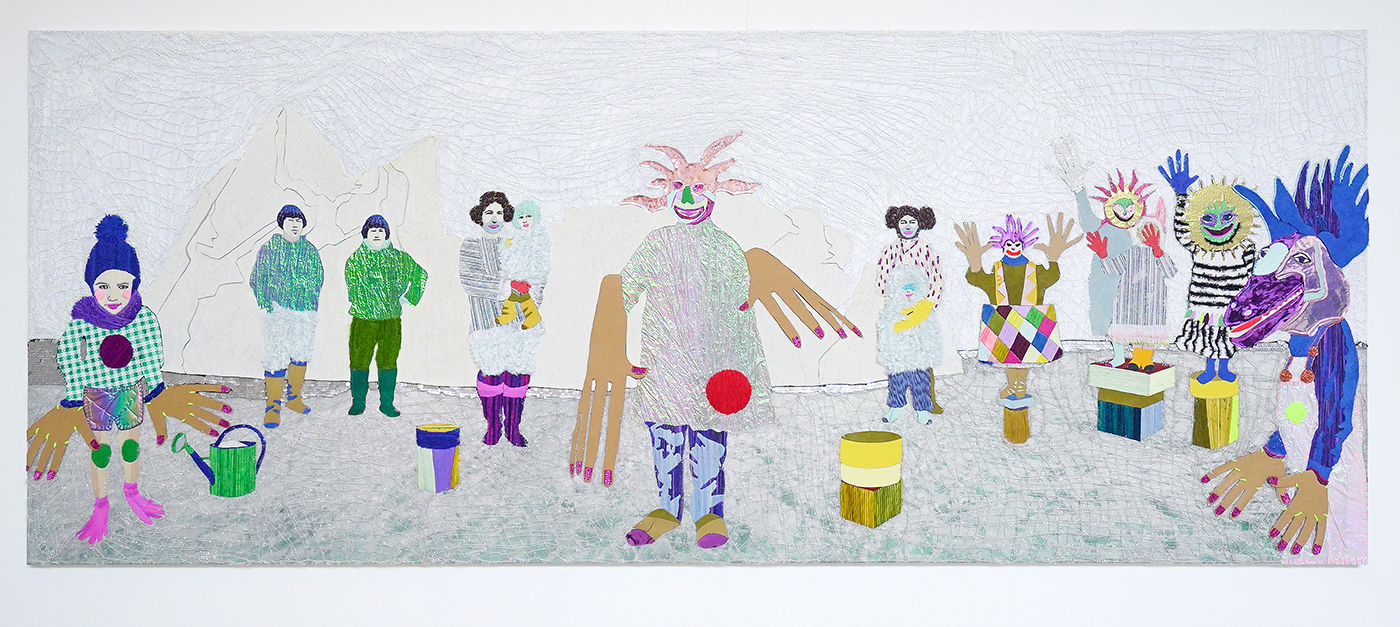 Preta Wolzak - Polarfriends - 300x125cm, Textiel op canvas, leer, pailletten, acrylverf, vezels, wol en katoen