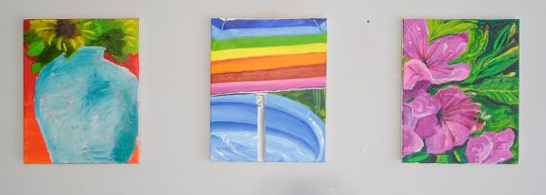 Danielle Hoogendoorn - Vaas met Zonnebloemen & Badje & Bloemen en bij - 40x50cm, Olieverf en acrylverf, oliesticks op linnen