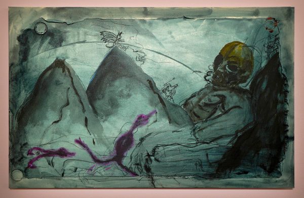 Sam Hersbach - The (Probably) Sad Devil Watching a Relatively Giant Alien Contemplating Dragon Feces - Mixed Media op katoen, 2021