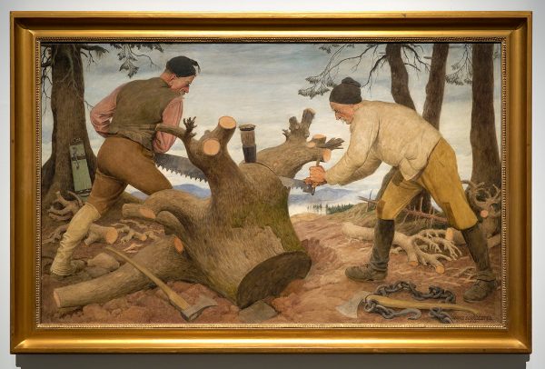 Hans Schroedter - Die Holzsager - Olieverf op hardboard, 1943