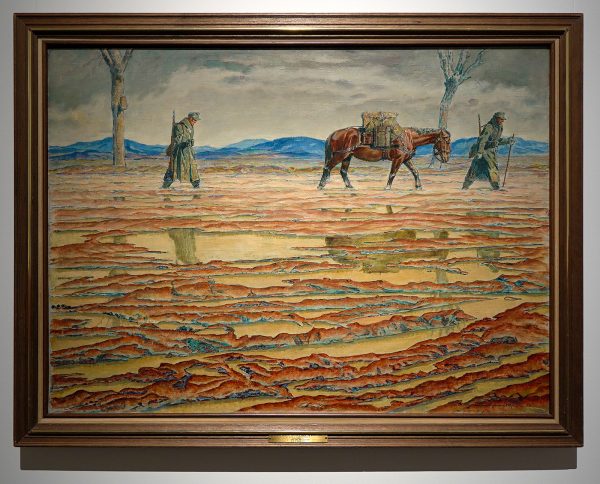 Harald Ernst Schwerdtfeger - Deutsche Soldaten und Packpferde auf Einer Schlammigen Strasse - Olieverf op doek, 1945