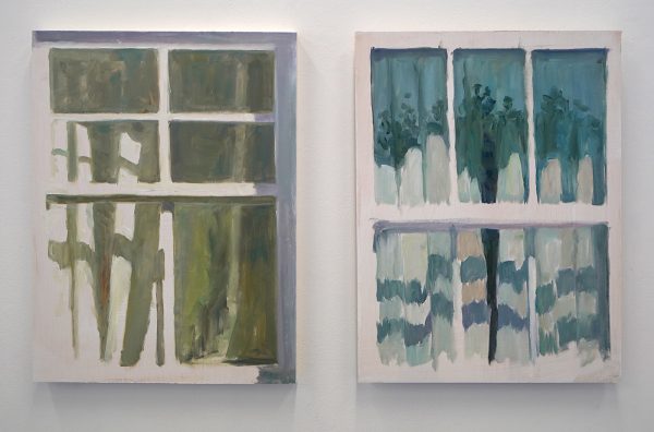 Anne Mensinga - Raam met groene schaduw & Bomen in de schaduw - 40x30cm, Olieverf op paneel