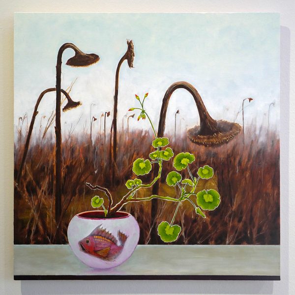 Jorn van Leeuwen - Geraniums voor zonnebloemveld - Olieverf en bladgoud op paneel