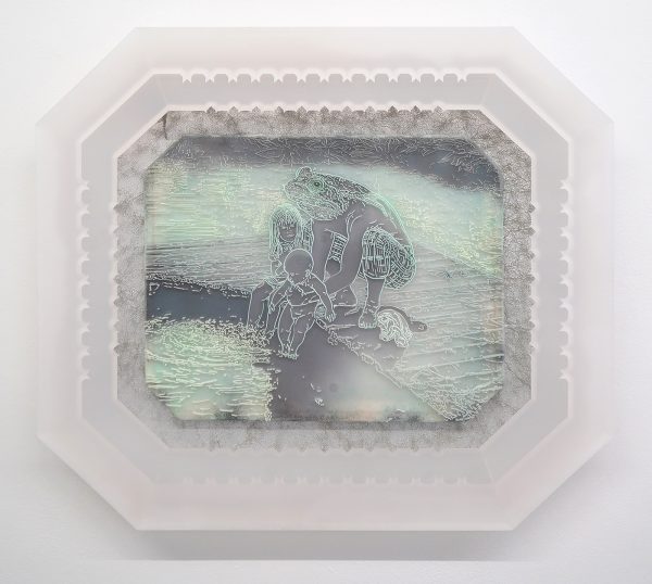 Adriano Amaral - Prole (Prosthetic Painting Series) - 68x78x7cm, Prosthetisch rubber, pigmenten, houten lijst, vilt, doorzichtig acrylaat, nylon, print, inkt, grafiet en ijzerpoeder