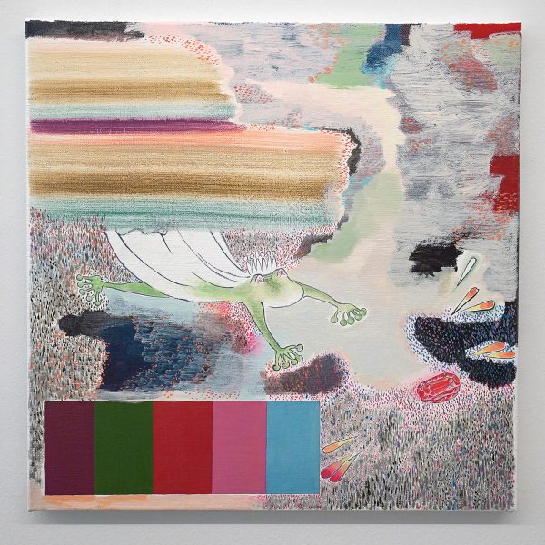 Evelyn Taocheng Wang - Frog-Princess Flies into Diamond Ruby - 50x50cm, Olieverf, gesso en potlood op canvas