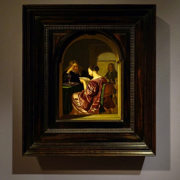 Frans van Mieris - Lezende vrouwe en man zitten aan tafel - Olieverf op paneel, 1676