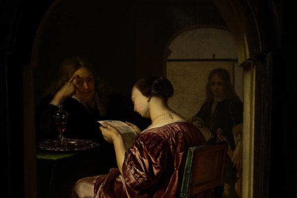 Frans van Mieris - Lezende vrouwe en man zitten aan tafel - Olieverf op paneel, 1676 (detail)