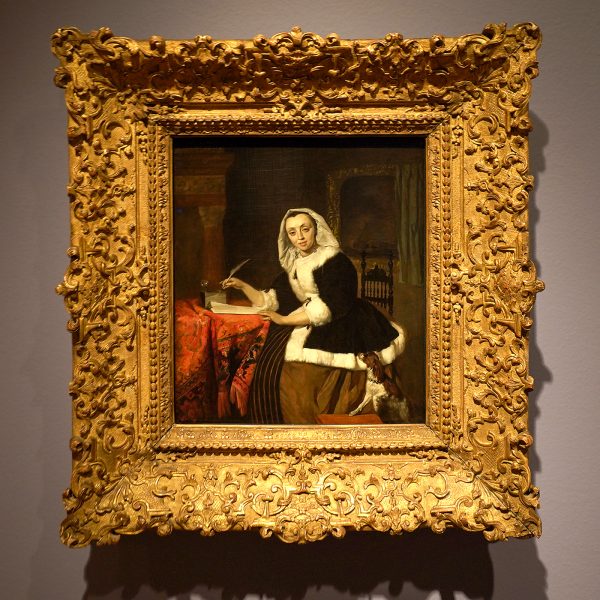 Gabriel Metsu - Elegante dame aan haar schrijftafel - Olieverf op paneel, circa 1662-1664