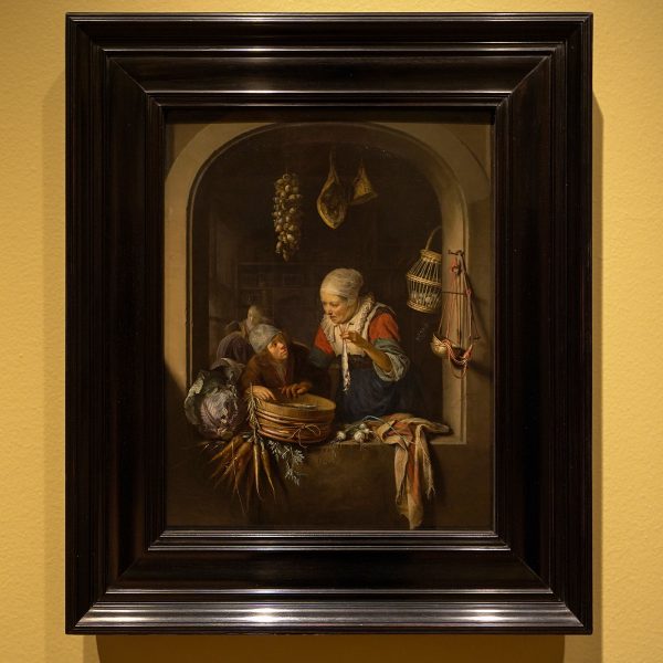Gerard Dou - Haringverkoopster met vissersjongan - Olieverf op paneel, circa 1664
