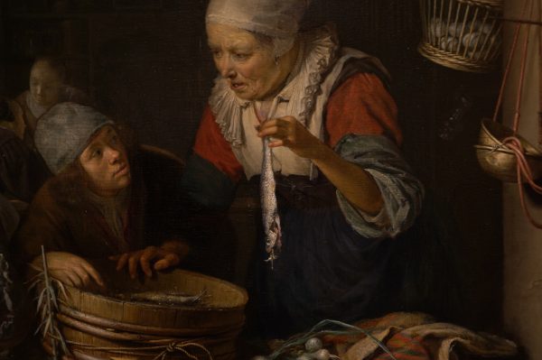 Gerard Dou - Haringverkoopster met vissersjongan - Olieverf op paneel, circa 1664 (detail)