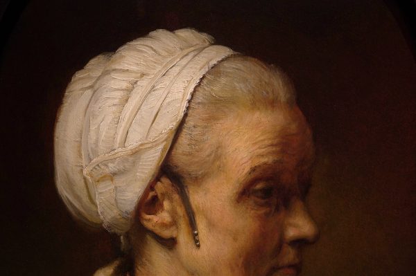 Rembrandt van Rijn - Studie van een vrouw met witte muts - Olieverf op paneel, circa 1640 (detail)